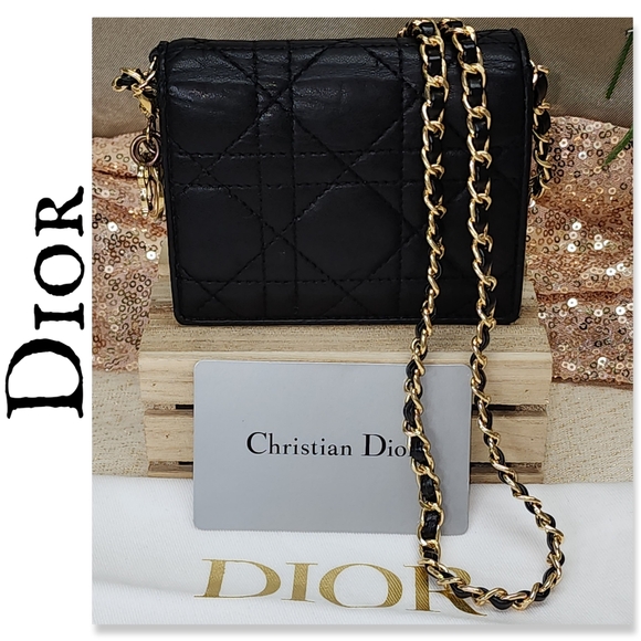 Authentic Mini Lady Dior Gardenia Wallet Black Cannage Lambskin W/ Dust Bag - Picture 1 of 17